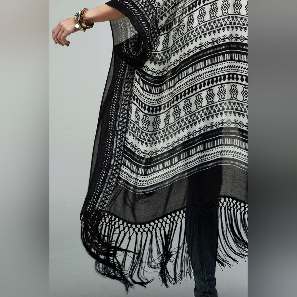 Sophisticated Ethnic Inspired Black & White Print Kimono w/ Black Tassels