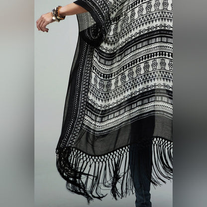 Sophisticated Ethnic Inspired Black & White Print Kimono w/ Black Tassels
