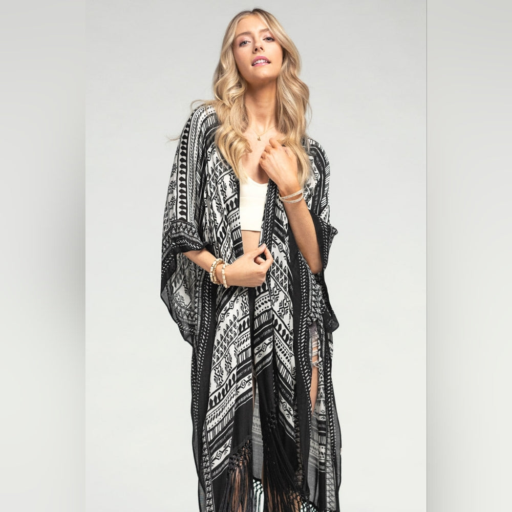 Sophisticated Ethnic Inspired Black & White Print Kimono w/ Black Tassels