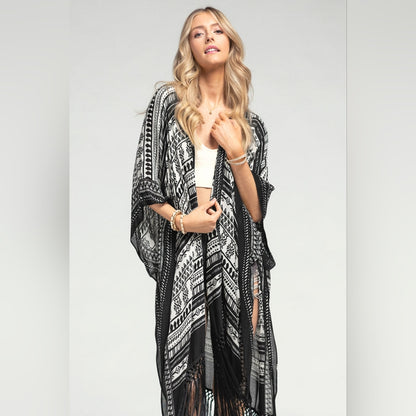 Sophisticated Ethnic Inspired Black & White Print Kimono w/ Black Tassels