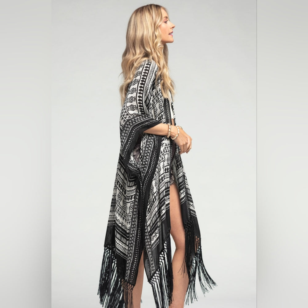 Sophisticated Ethnic Inspired Black & White Print Kimono w/ Black Tassels