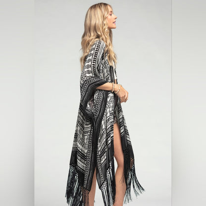 Sophisticated Ethnic Inspired Black & White Print Kimono w/ Black Tassels