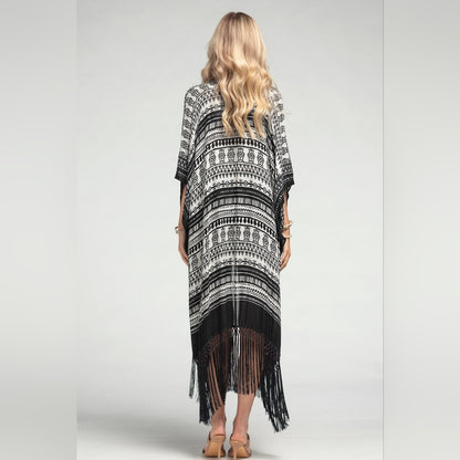 Sophisticated Ethnic Inspired Black & White Print Kimono w/ Black Tassels