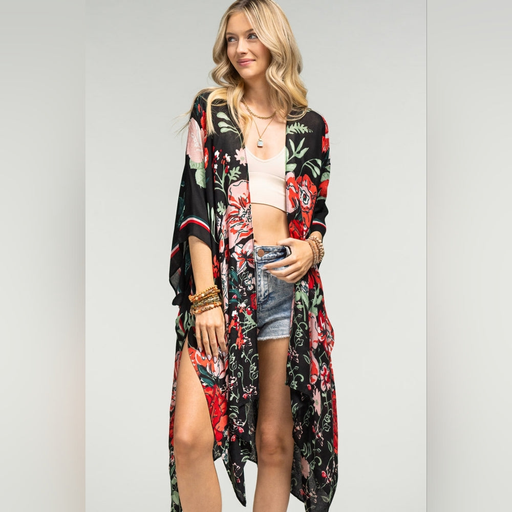 Vibrant Red Floral Print Kimono w Deep Black Background - Lightweight Fabric