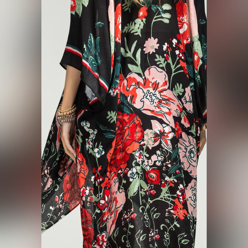 Vibrant Red Floral Print Kimono w Deep Black Background - Lightweight Fabric