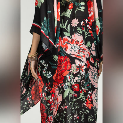 Vibrant Red Floral Print Kimono w Deep Black Background - Lightweight Fabric