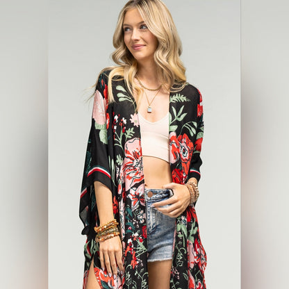 Vibrant Red Floral Print Kimono w Deep Black Background - Lightweight Fabric