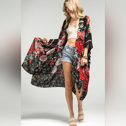 Vibrant Red Floral Print Kimono w Deep Black Background - Lightweight Fabric