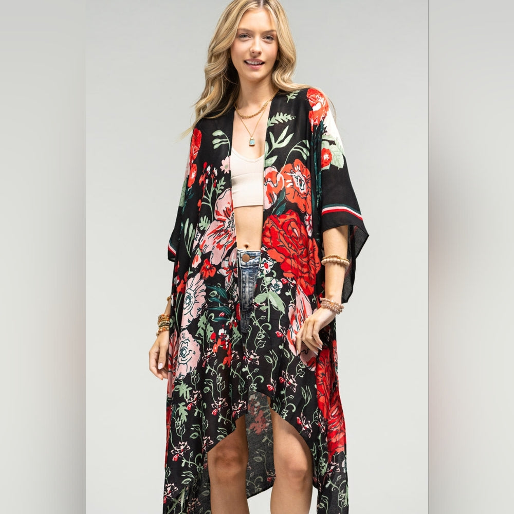 Vibrant Red Floral Print Kimono w Deep Black Background - Lightweight Fabric