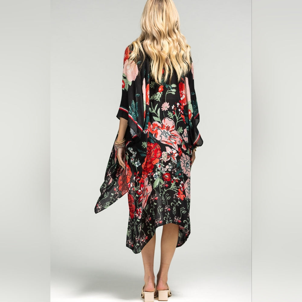 Vibrant Red Floral Print Kimono w Deep Black Background - Lightweight Fabric