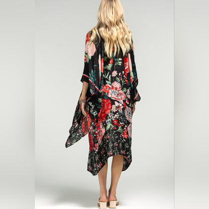 Vibrant Red Floral Print Kimono w Deep Black Background - Lightweight Fabric