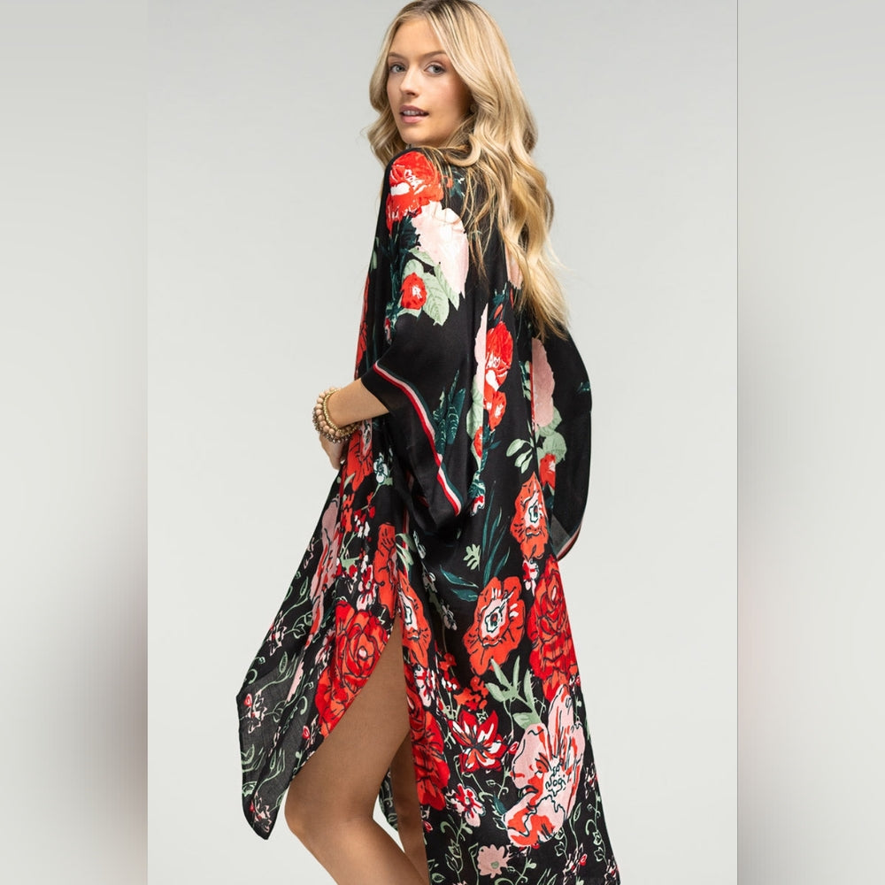Vibrant Red Floral Print Kimono w Deep Black Background - Lightweight Fabric