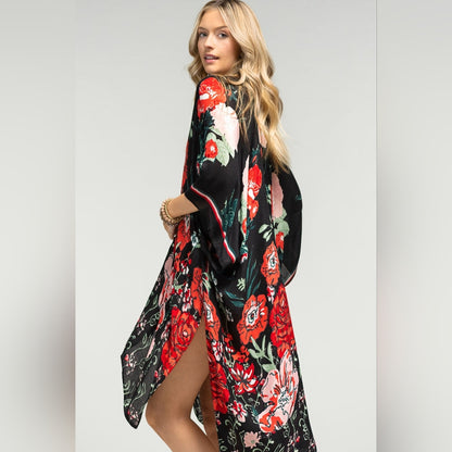 Vibrant Red Floral Print Kimono w Deep Black Background - Lightweight Fabric