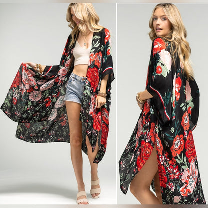 Vibrant Red Floral Print Kimono w Deep Black Background - Lightweight Fabric
