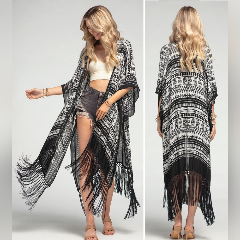 Sophisticated Ethnic Inspired Black & White Print Kimono w/ Black Tassels