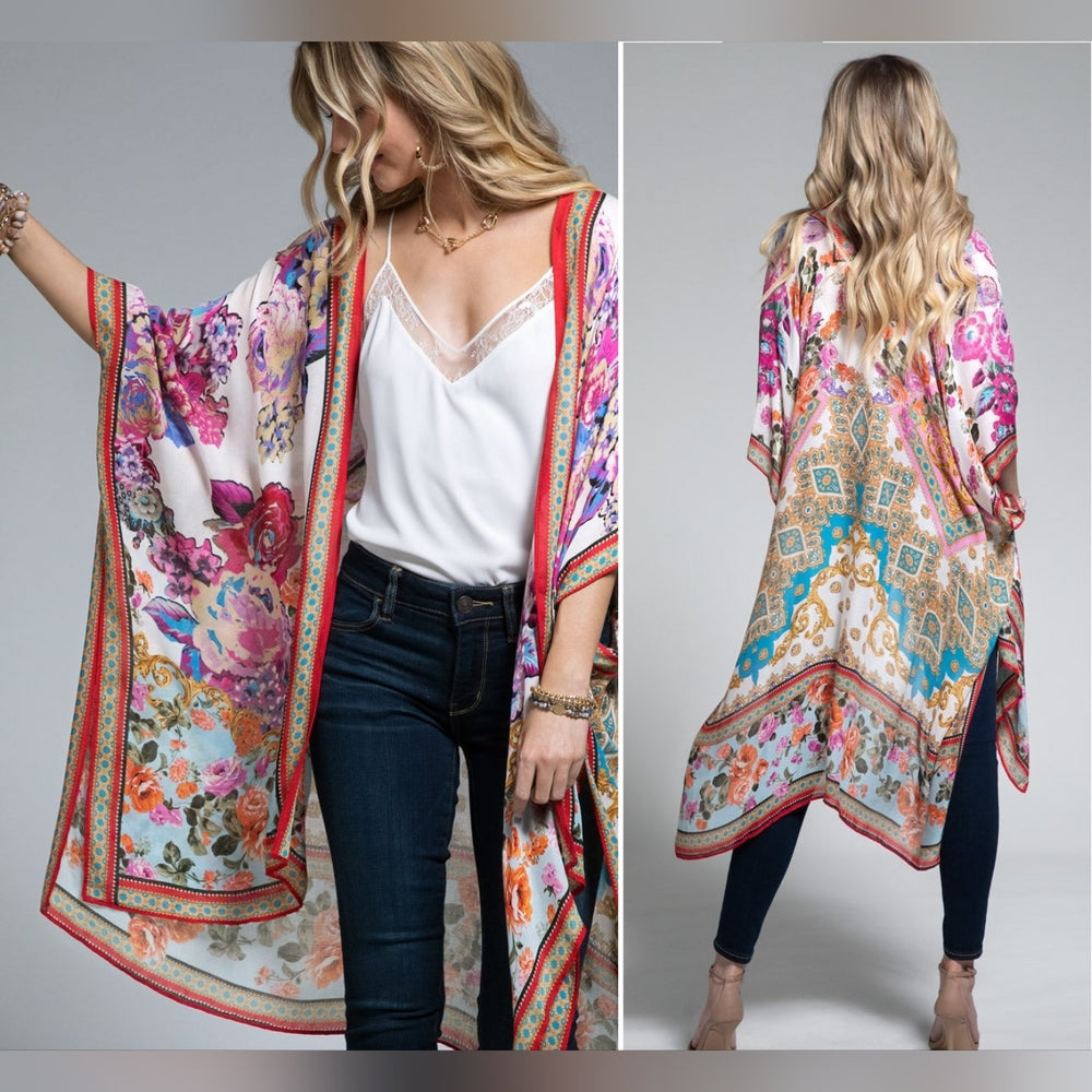 Italian Baroque & Floral Print Kimono w/ Fuchsia & Light Purple Tones
