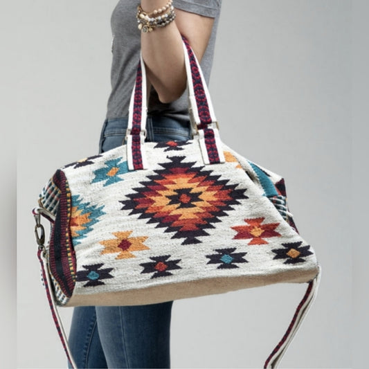 Ivory Boho Chic Travel Bag - Navajo Inspired Design - Handmade Fully Fine Cotton