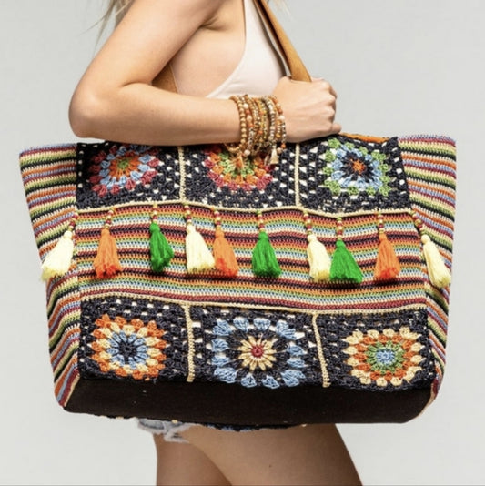 Vibrant Floral & Striped Hand Crocheted Shoulder Bag w/ Colorful Tassel Accents