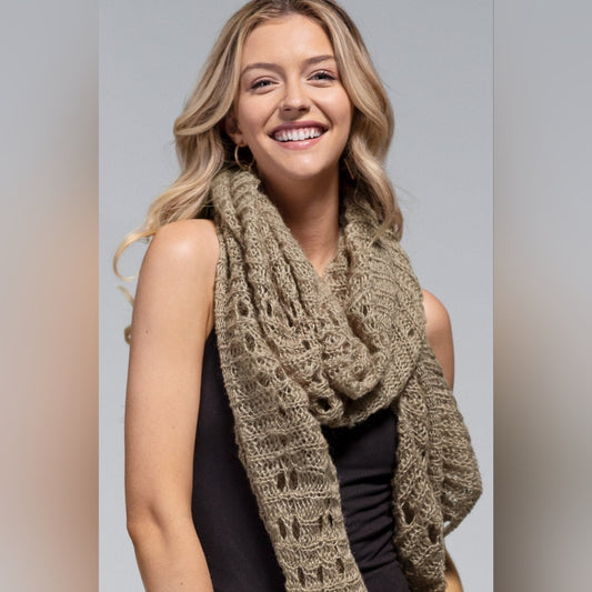 Taupe Soft Comfy Open Knit Scarf w/ Eyelet Accent & Moderate Stretch