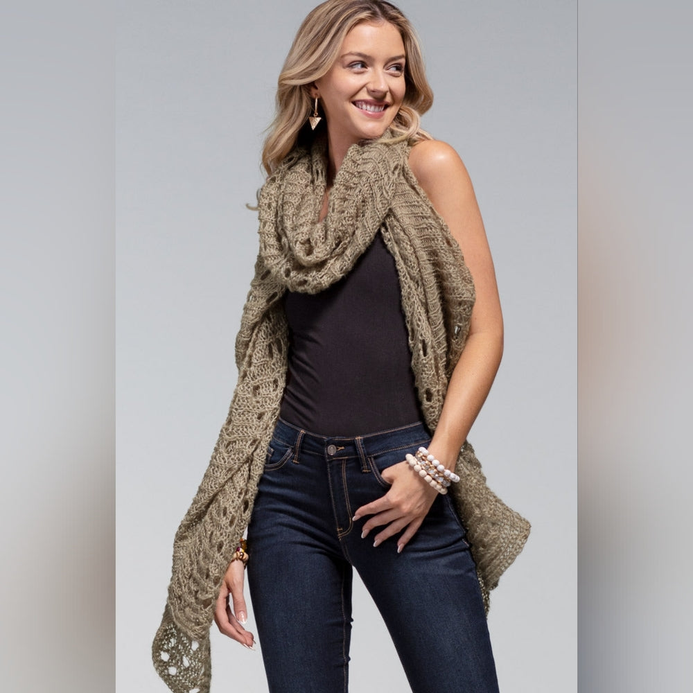 Taupe Soft Comfy Open Knit Scarf w/ Eyelet Accent & Moderate Stretch