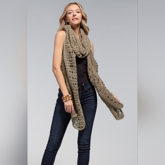 Taupe Soft Comfy Open Knit Scarf w/ Eyelet Accent & Moderate Stretch