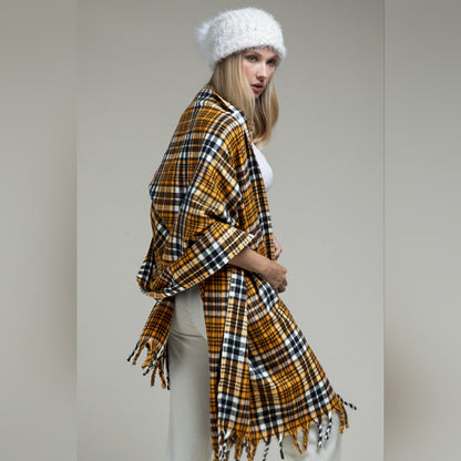 Vintage Cashmere Inspired Plaid Long Scarf w Twisted Fringe Accent
