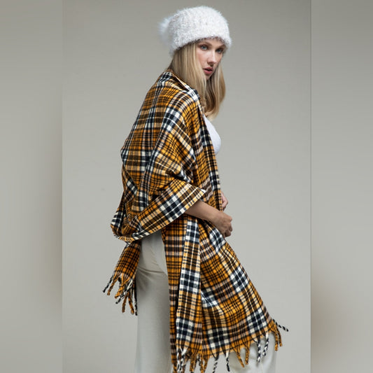 Vintage Cashmere Inspired Plaid Long Scarf w Twisted Fringe Accent