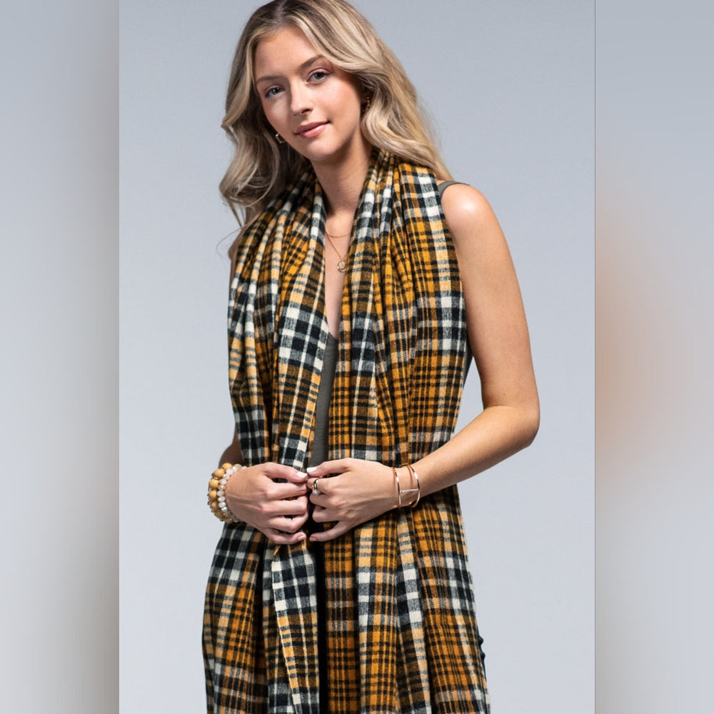Vintage Cashmere Inspired Plaid Long Scarf w Twisted Fringe Accent