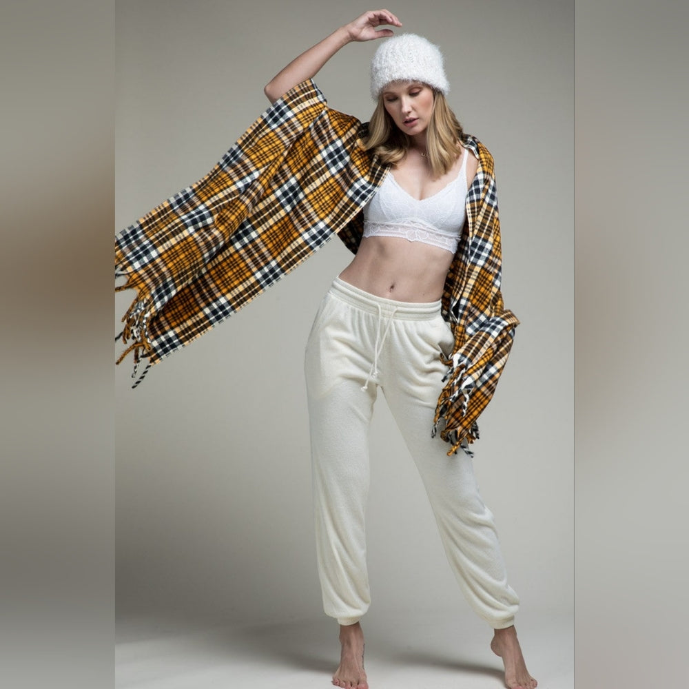 Vintage Cashmere Inspired Plaid Long Scarf w Twisted Fringe Accent