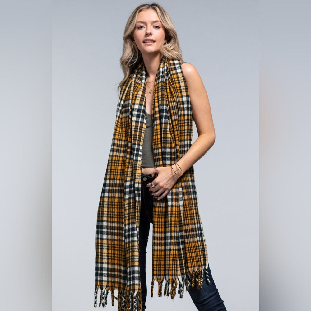 Vintage Cashmere Inspired Plaid Long Scarf w Twisted Fringe Accent