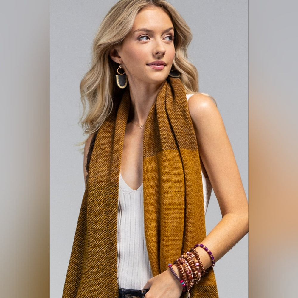 Textured Scarf w/ Multiple Tones & Frayed Edge in Mustard / Brown