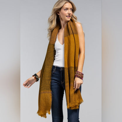 Textured Scarf w/ Multiple Tones & Frayed Edge in Mustard / Brown