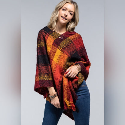 Poncho Plaid Pumpkin Spice - Boucle Yarn Dyed - Great Fall Colors - Soft & Warm