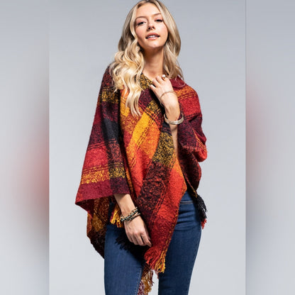 Poncho Plaid Pumpkin Spice - Boucle Yarn Dyed - Great Fall Colors - Soft & Warm