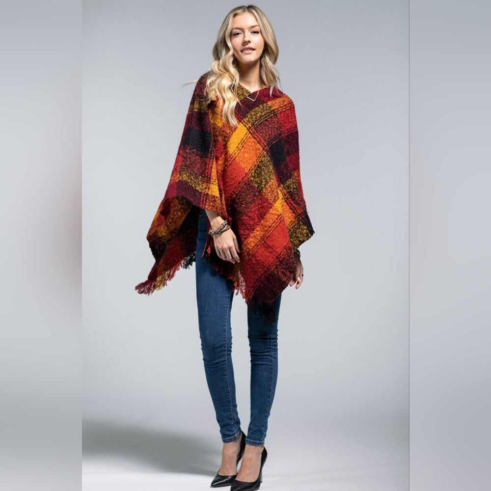 Poncho Plaid Pumpkin Spice - Boucle Yarn Dyed - Great Fall Colors - Soft & Warm