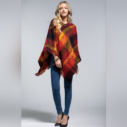 Poncho Plaid Pumpkin Spice - Boucle Yarn Dyed - Great Fall Colors - Soft & Warm