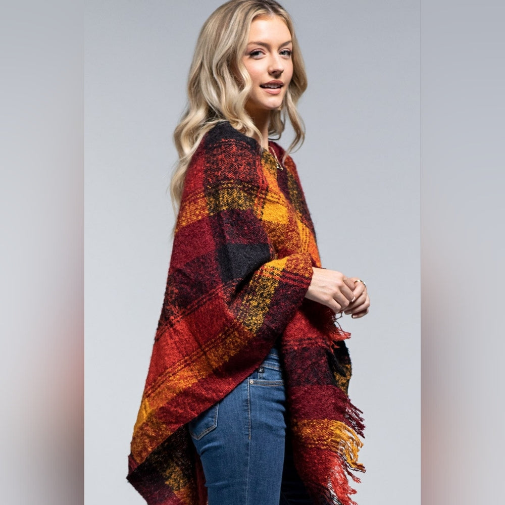 Poncho Plaid Pumpkin Spice - Boucle Yarn Dyed - Great Fall Colors - Soft & Warm
