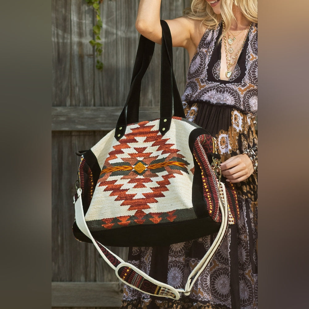 Boho Chic Travel Bag - Duo-Tone Embroidered Southwest Navajo Inspired Design