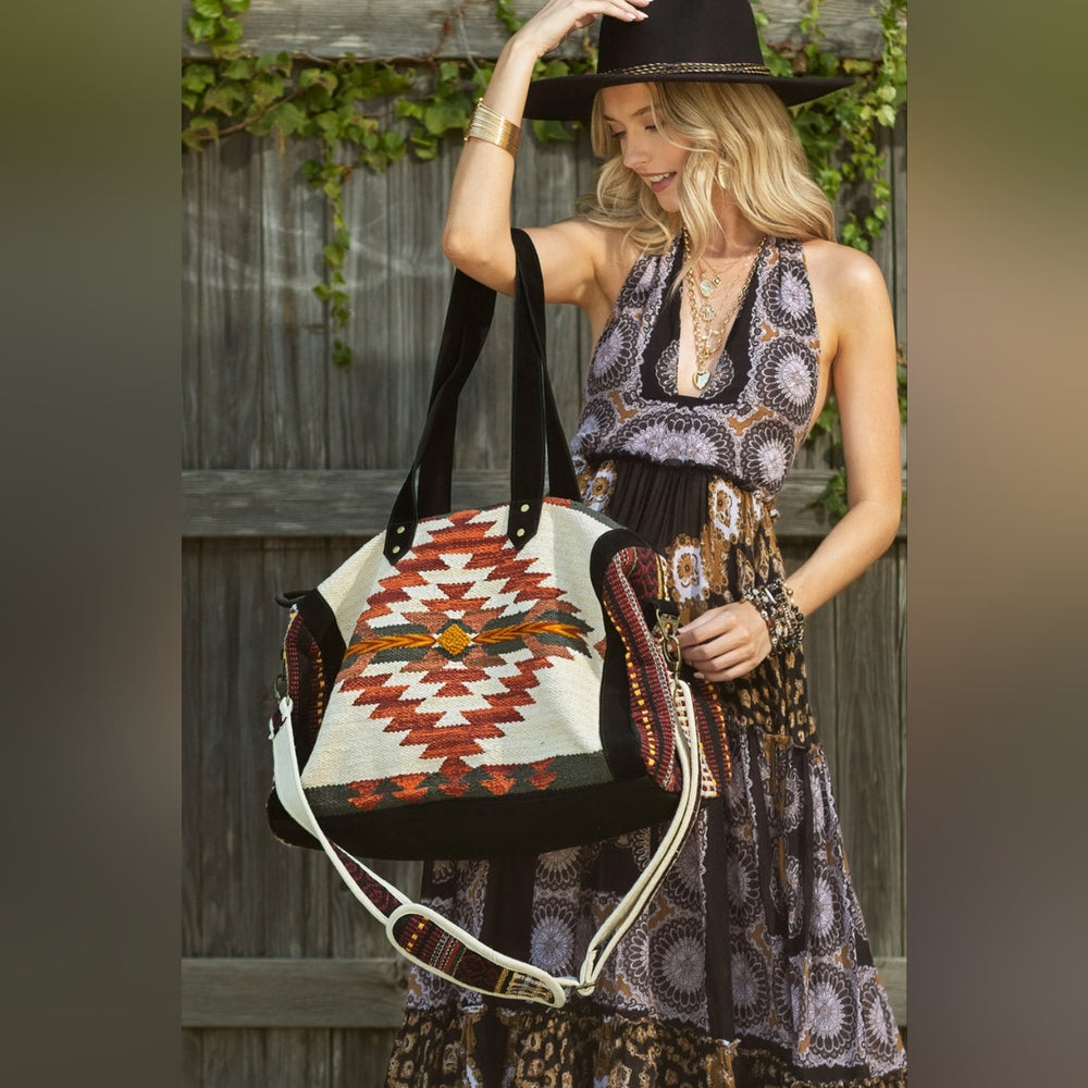 Boho Chic Travel Bag - Duo-Tone Embroidered Southwest Navajo Inspired Design