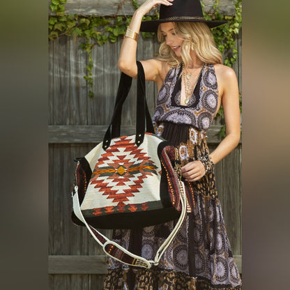 Boho Chic Travel Bag - Duo-Tone Embroidered Southwest Navajo Inspired Design