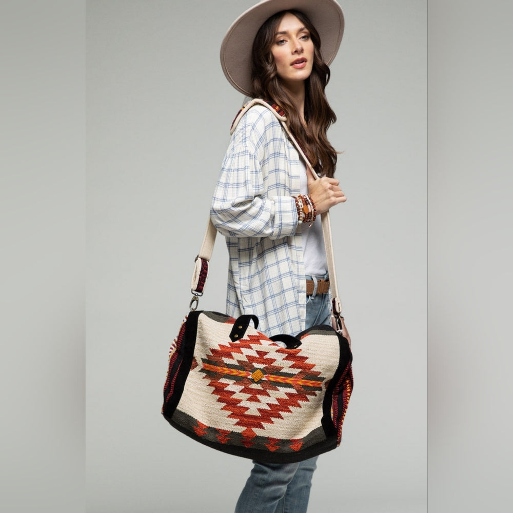 Boho Chic Travel Bag - Duo-Tone Embroidered Southwest Navajo Inspired Design