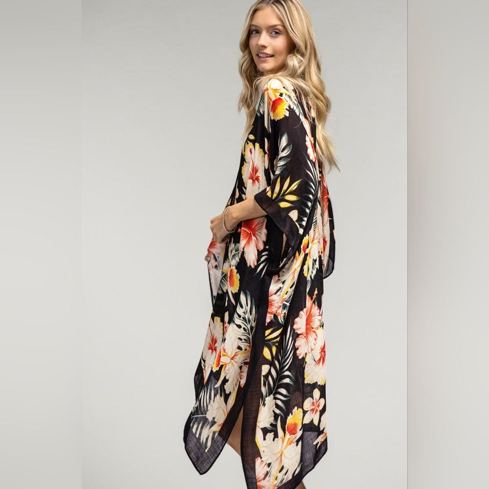 Tropical Garden Kimono - Floral & Leaf Print on Lightweight Silky Material