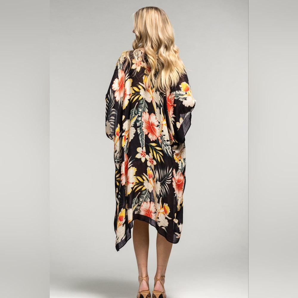 Tropical Garden Kimono - Floral & Leaf Print on Lightweight Silky Material