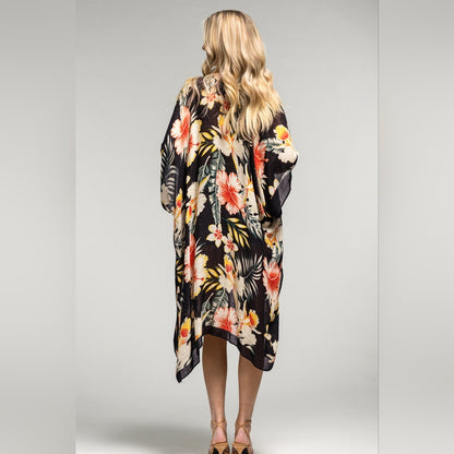 Tropical Garden Kimono - Floral & Leaf Print on Lightweight Silky Material