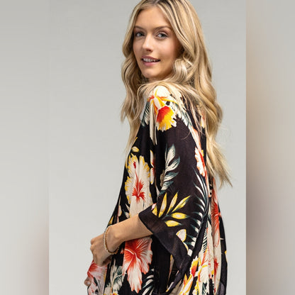 Tropical Garden Kimono - Floral & Leaf Print on Lightweight Silky Material
