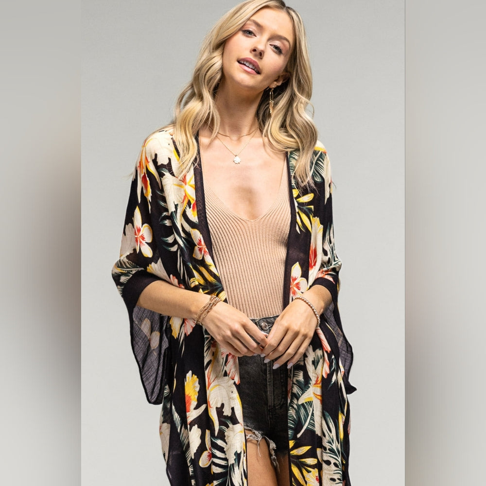 Tropical Garden Kimono - Floral & Leaf Print on Lightweight Silky Material