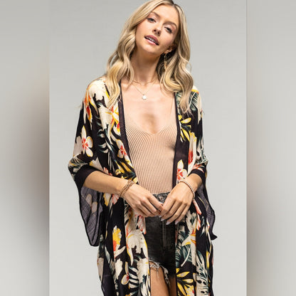 Tropical Garden Kimono - Floral & Leaf Print on Lightweight Silky Material