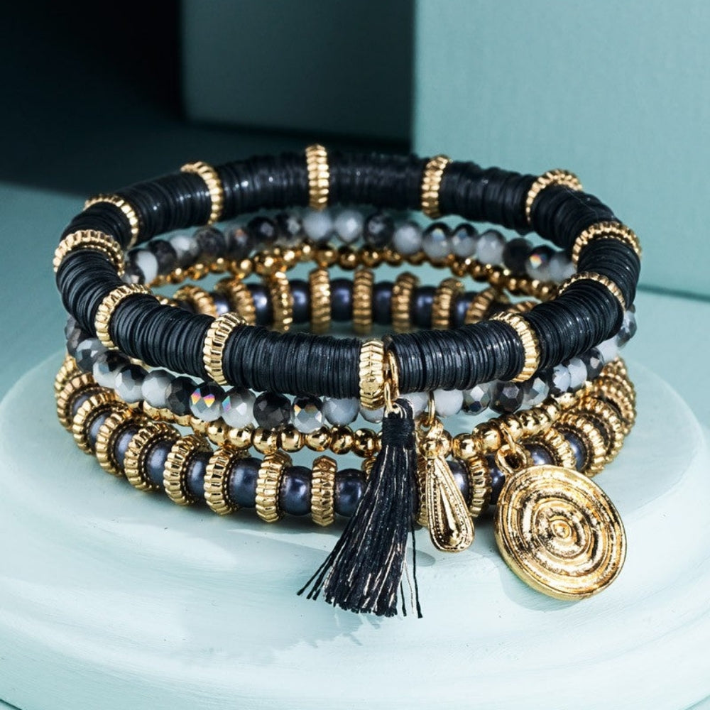 Beaded Bracelet Set w Black Tassel & Gold Tone Metal Pendant & Accents