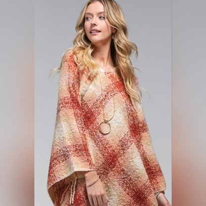 Plaid Poncho w Long Tassel Frunge - Light Burgundy - Natural Creamy Colors