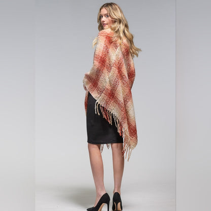 Plaid Poncho w Long Tassel Frunge - Light Burgundy - Natural Creamy Colors